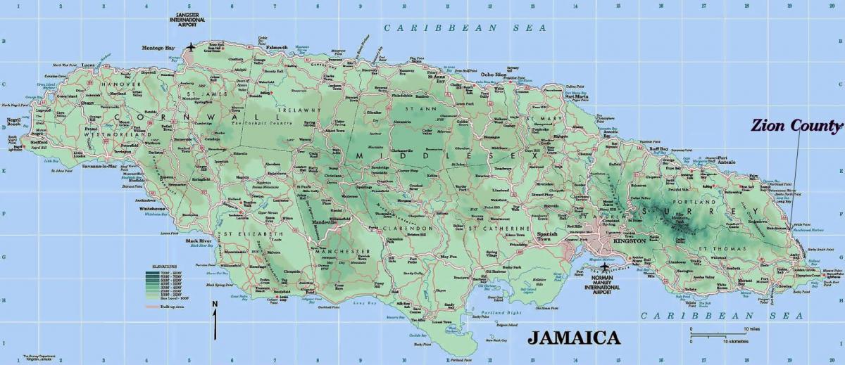 fysisk kart over jamaica som viser fjell