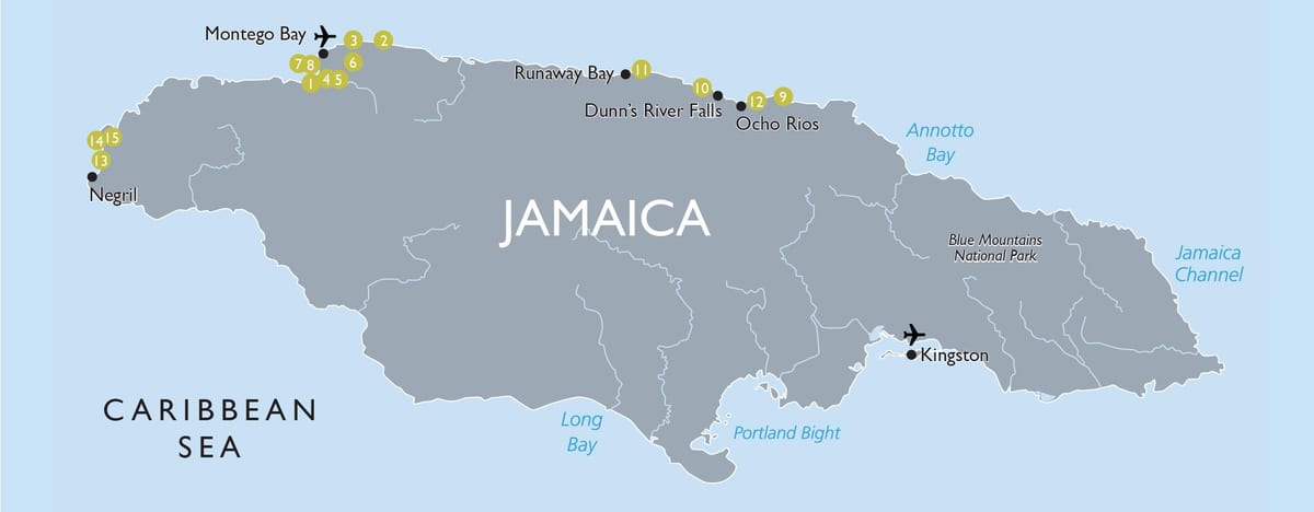 kart av turistattraksjonene i jamaica