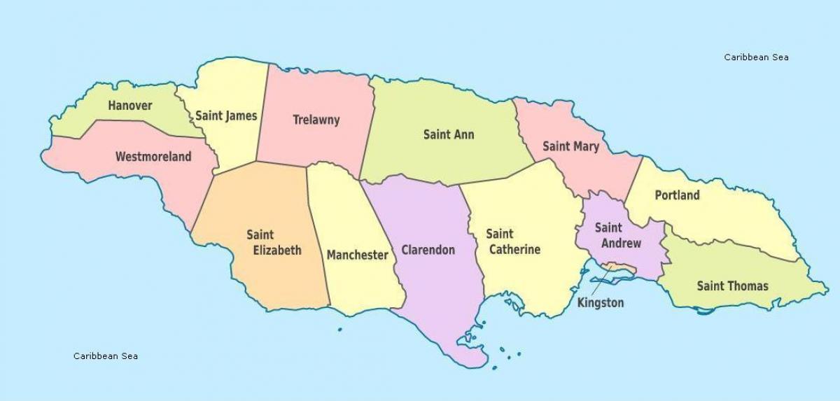et kart over jamaica med menigheter og hovedsteder