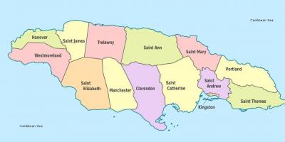 Et kart over jamaica med menigheter og hovedsteder